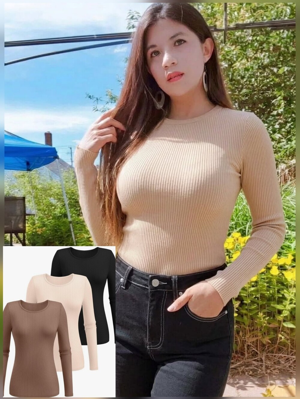 3pcs Ribbed Long-Sleeve Knit Tops Set - Fall Winter Casual Clothes